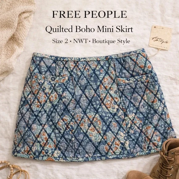 NWT Free People Quilted Floral Mini Skirt NWT | Boho Size Small - Picture 2 of 11